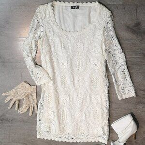 60s Vintage Guipure Crochet Cotton Lace Scoop Neck Mini Boho Bridal Shift Dress